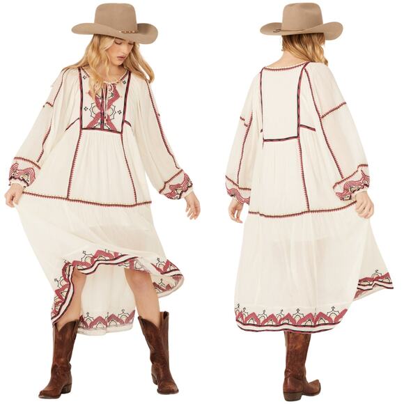 Free People Sweet Escape Midi Dress Embroidered Boho Cottage Western Hippie M - Picture 1 of 15